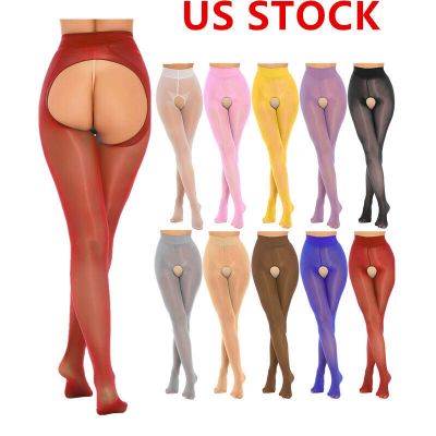 US Women's Crotchless Pant Glossy Tights Control Top Seamless Pantyhose Stocking